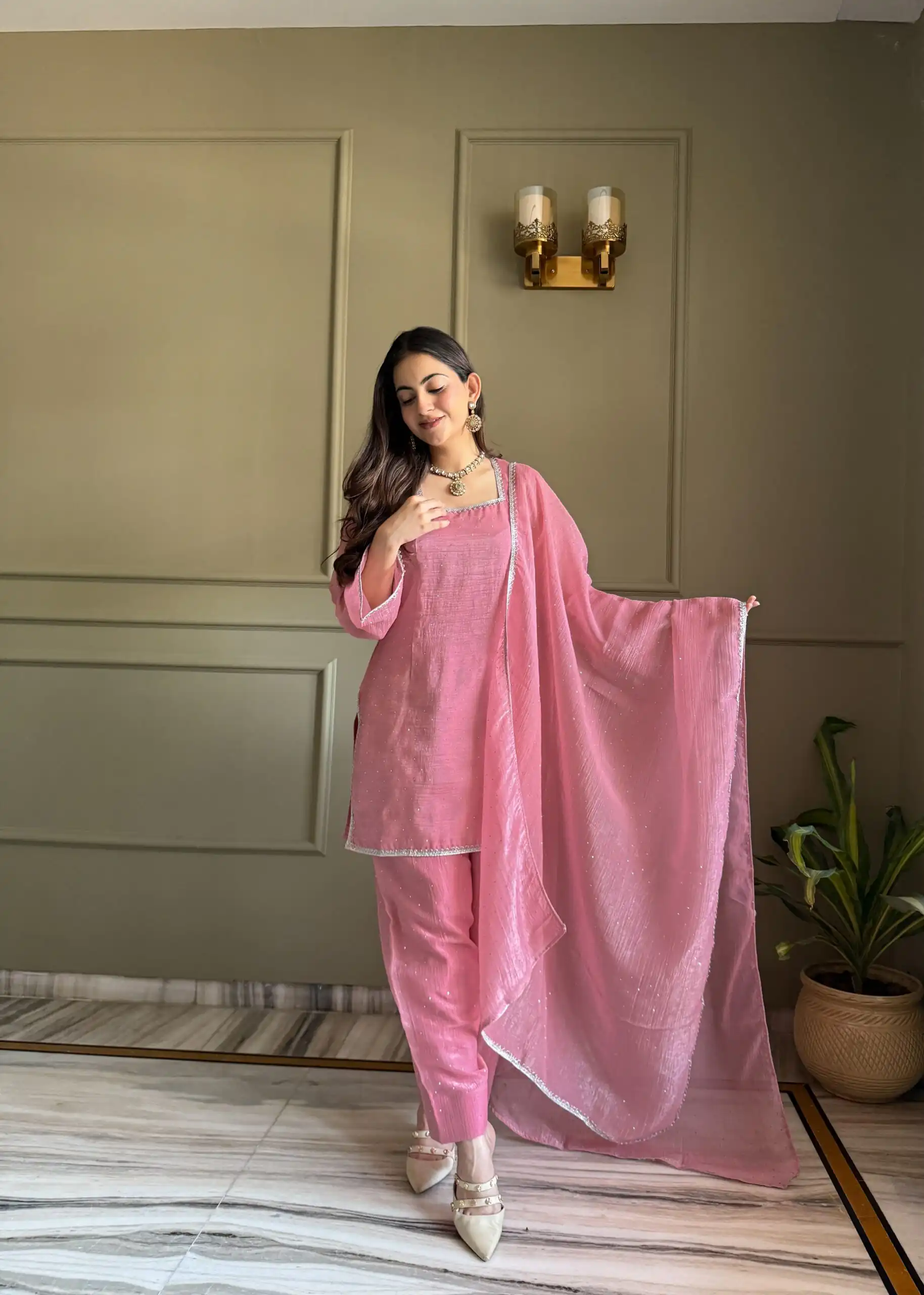 Fancy Pink Crunchy Silk Siroski Work Salwar Suit