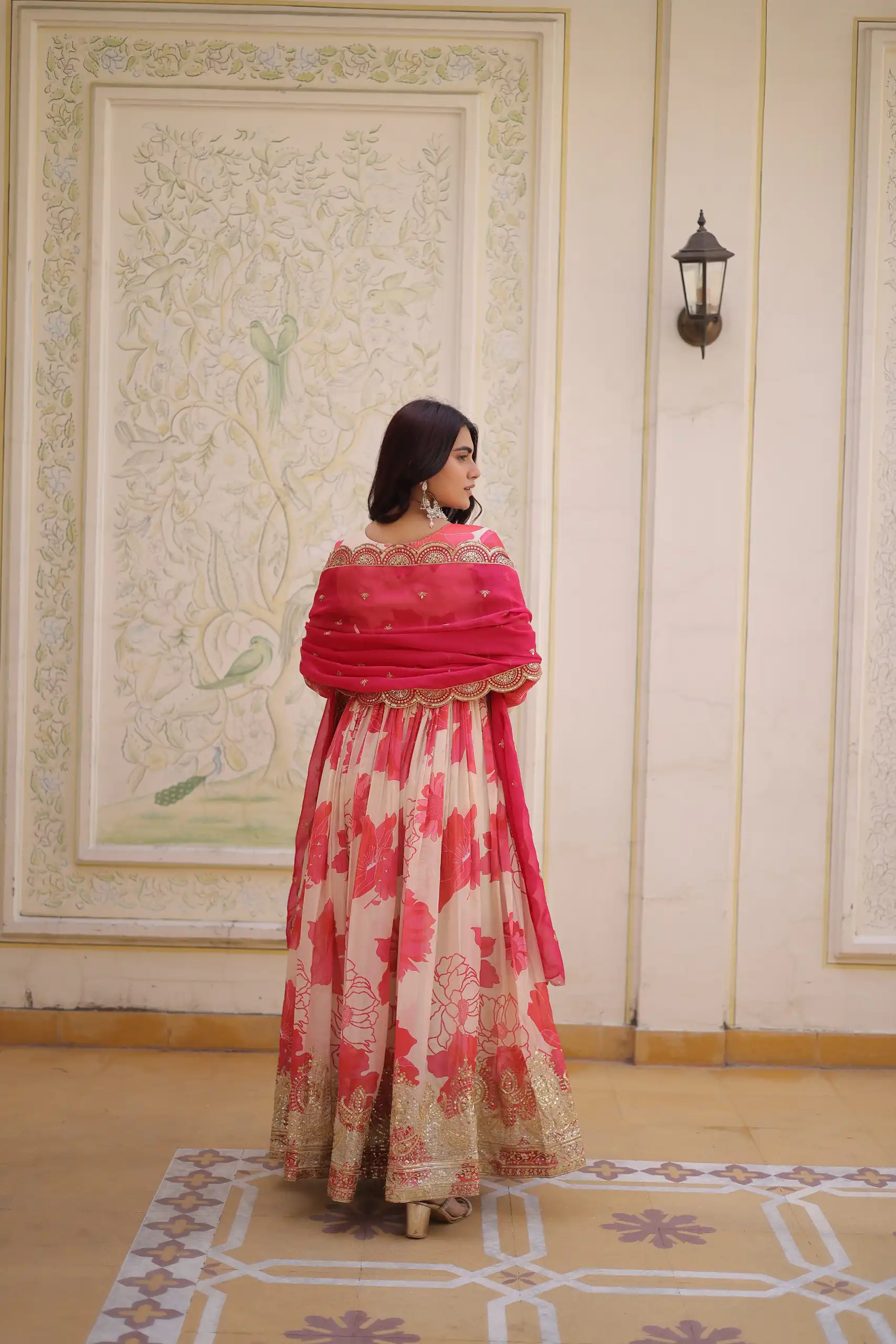Fancy Pink Russian Silk Embroidery Zari Work Gown - Image 2