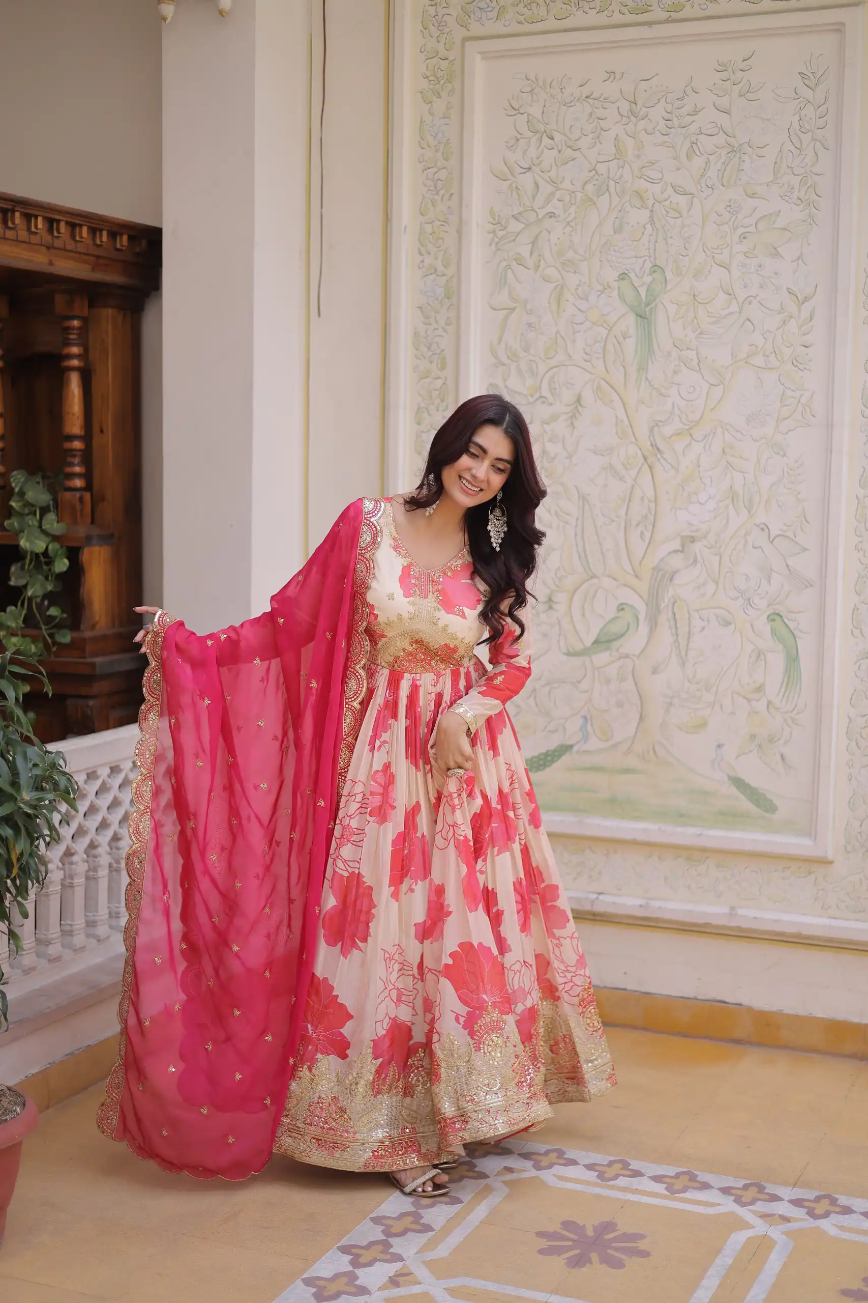 Fancy Pink Russian Silk Embroidery Zari Work Gown - Image 5