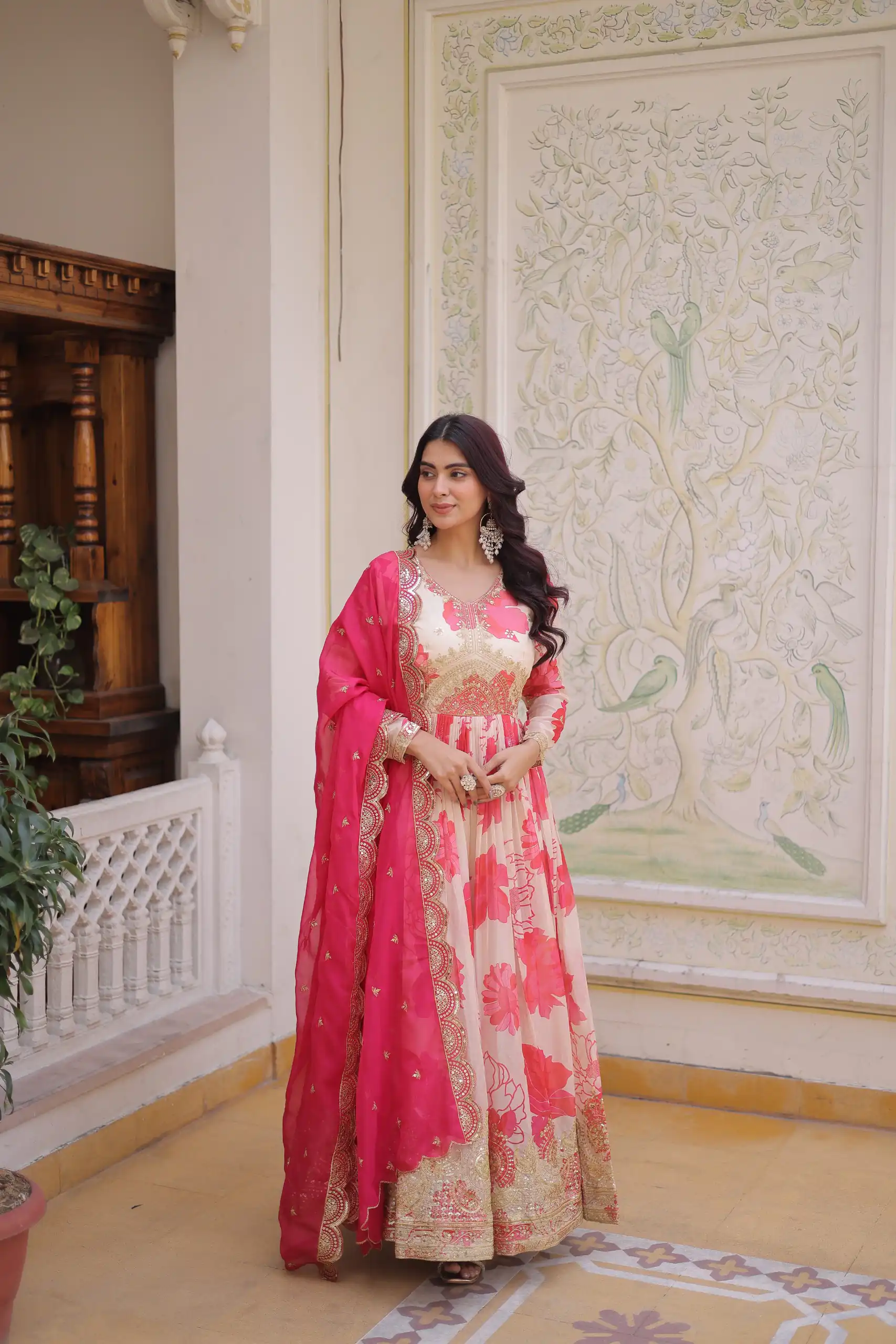 Fancy Pink Russian Silk Embroidery Zari Work Gown - Image 3
