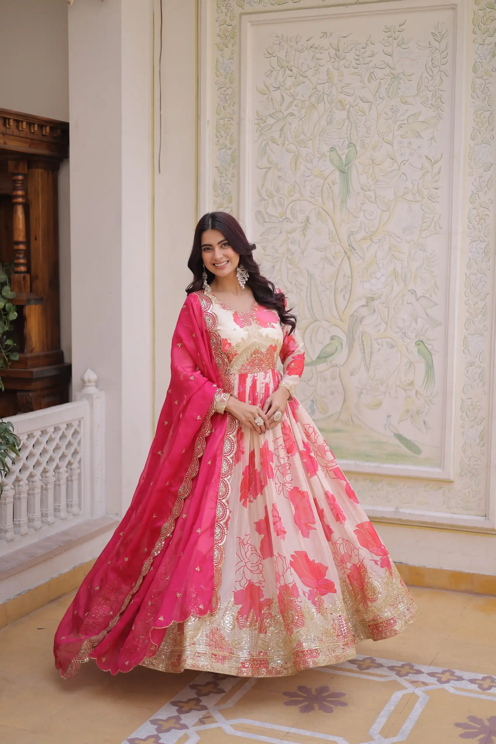 Fancy Pink Russian Silk Embroidery Zari Work Gown