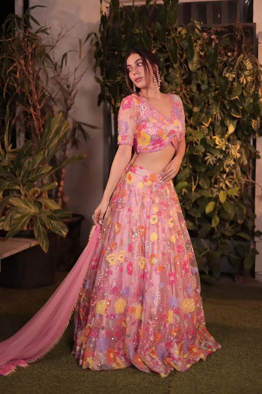Fancy Pink Soft Net Sequins Work Lehenga Choli
