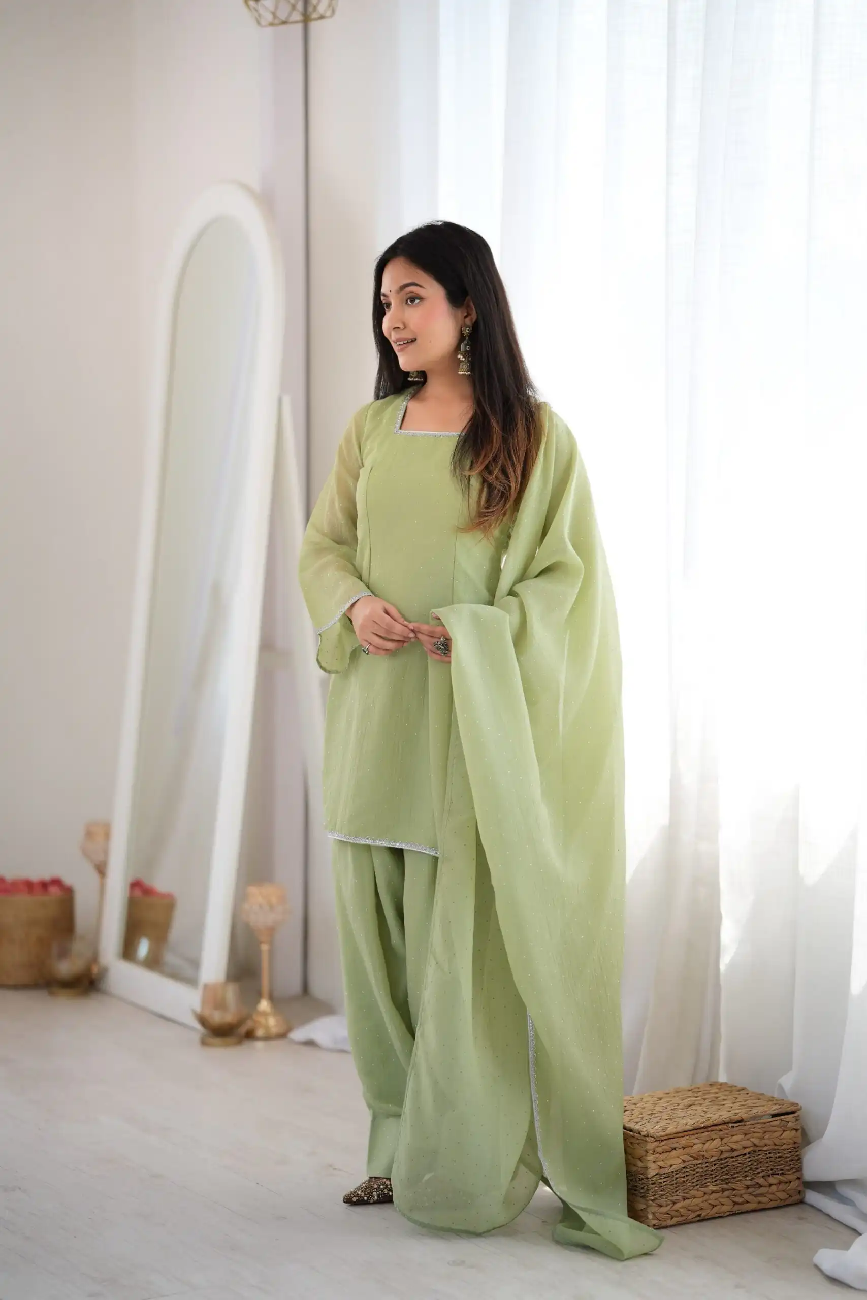 Fancy Pista Crunchy Silk Siroski Work Salwar Suit - Image 5