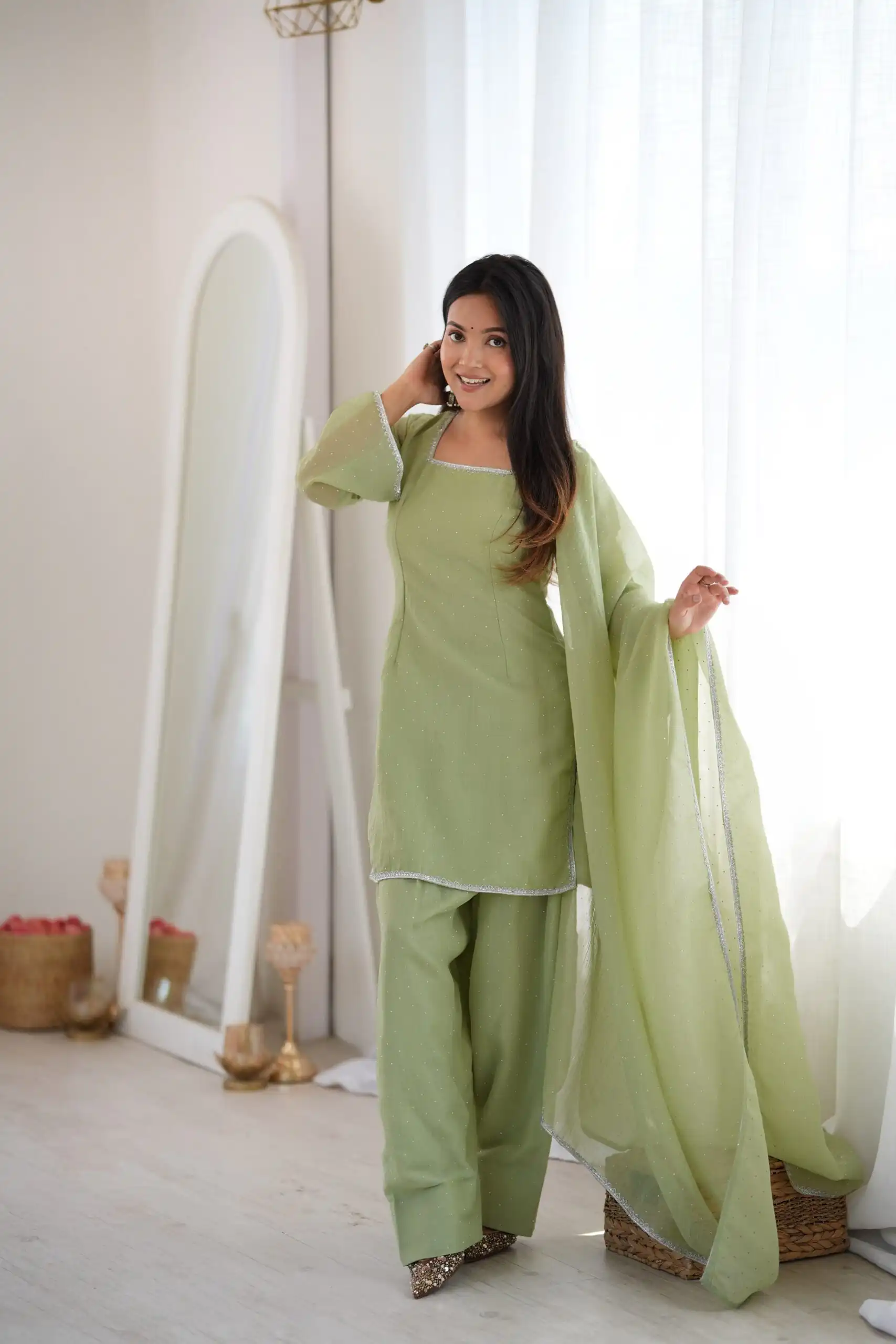 Fancy Pista Crunchy Silk Siroski Work Salwar Suit
