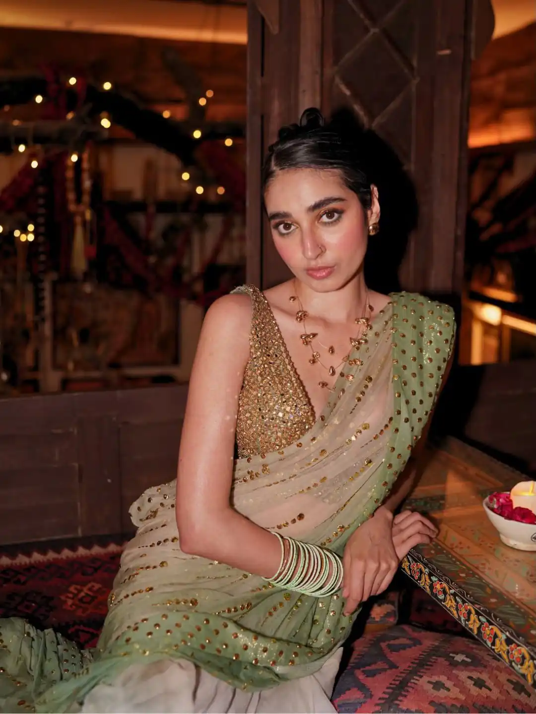 Fancy Pista Faux Georgette Intricate Foil Work Saree - Image 6