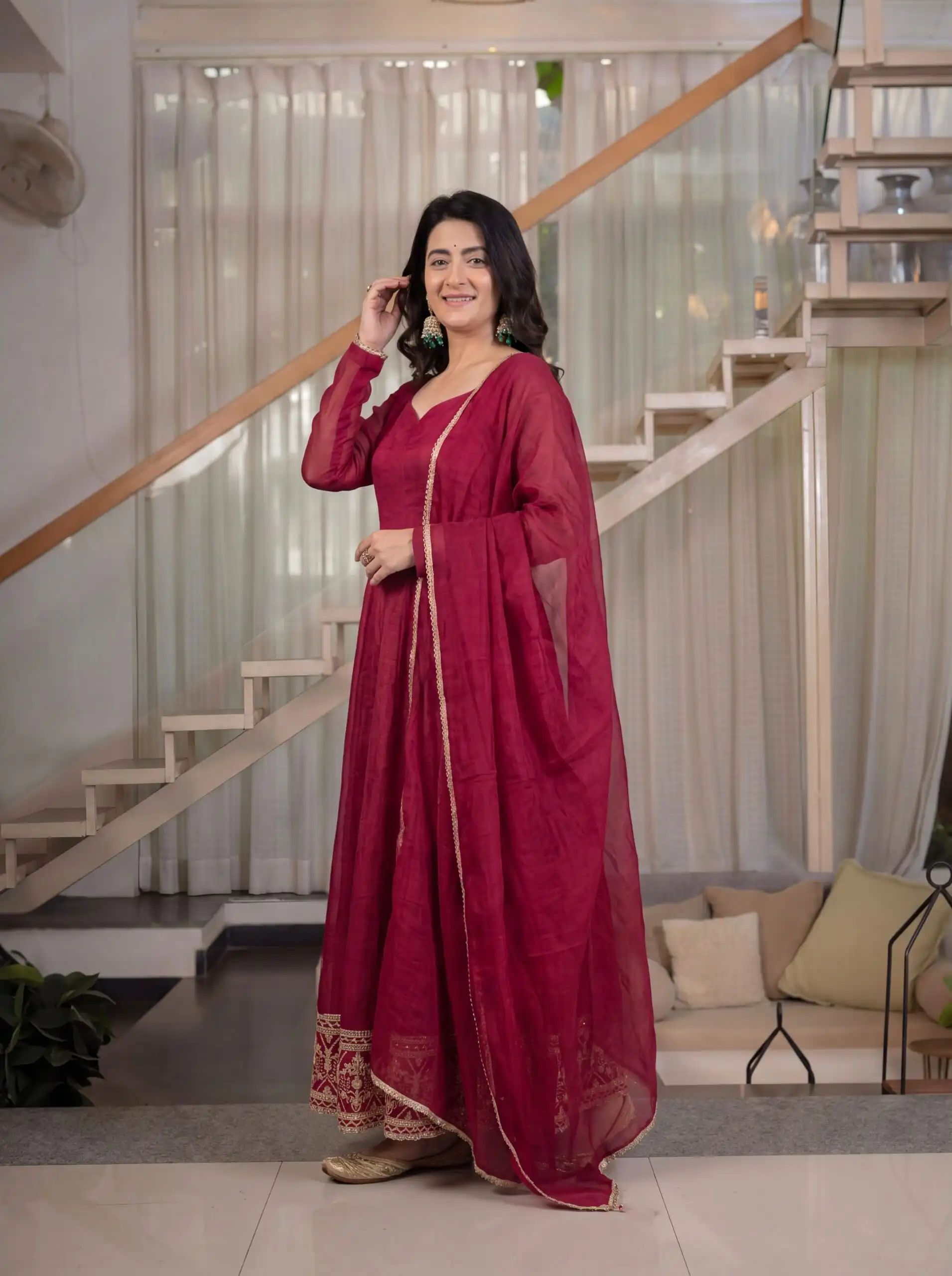 Fancy Red Crunchy Silk Embroider Work Anarkali Suit - Image 3