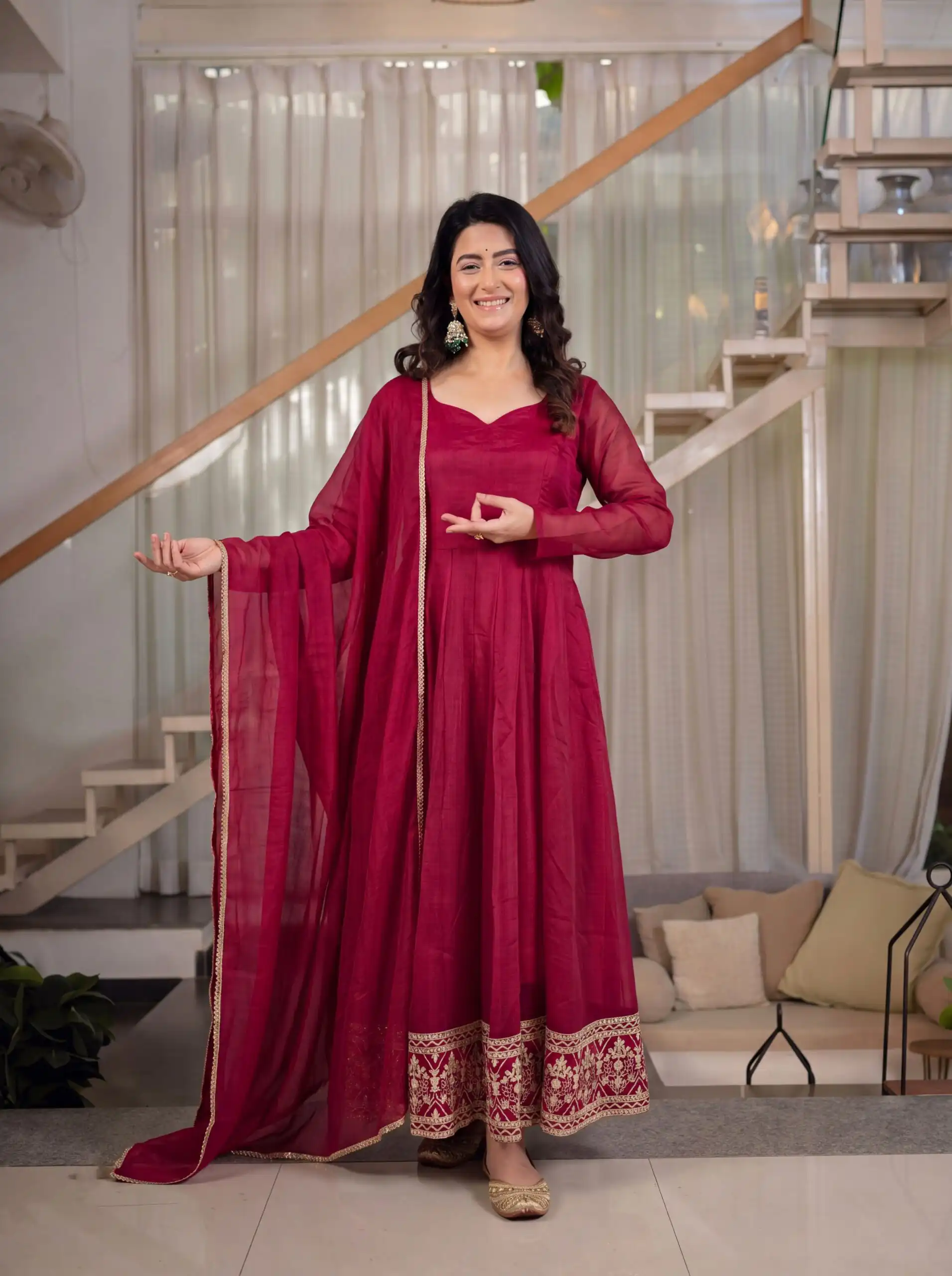 Fancy Red Crunchy Silk Embroider Work Anarkali Suit - Image 2