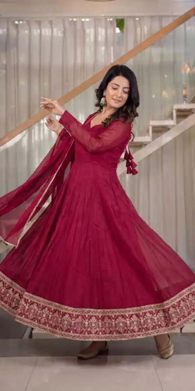 Fancy Red Crunchy Silk Embroider Work Anarkali Suit