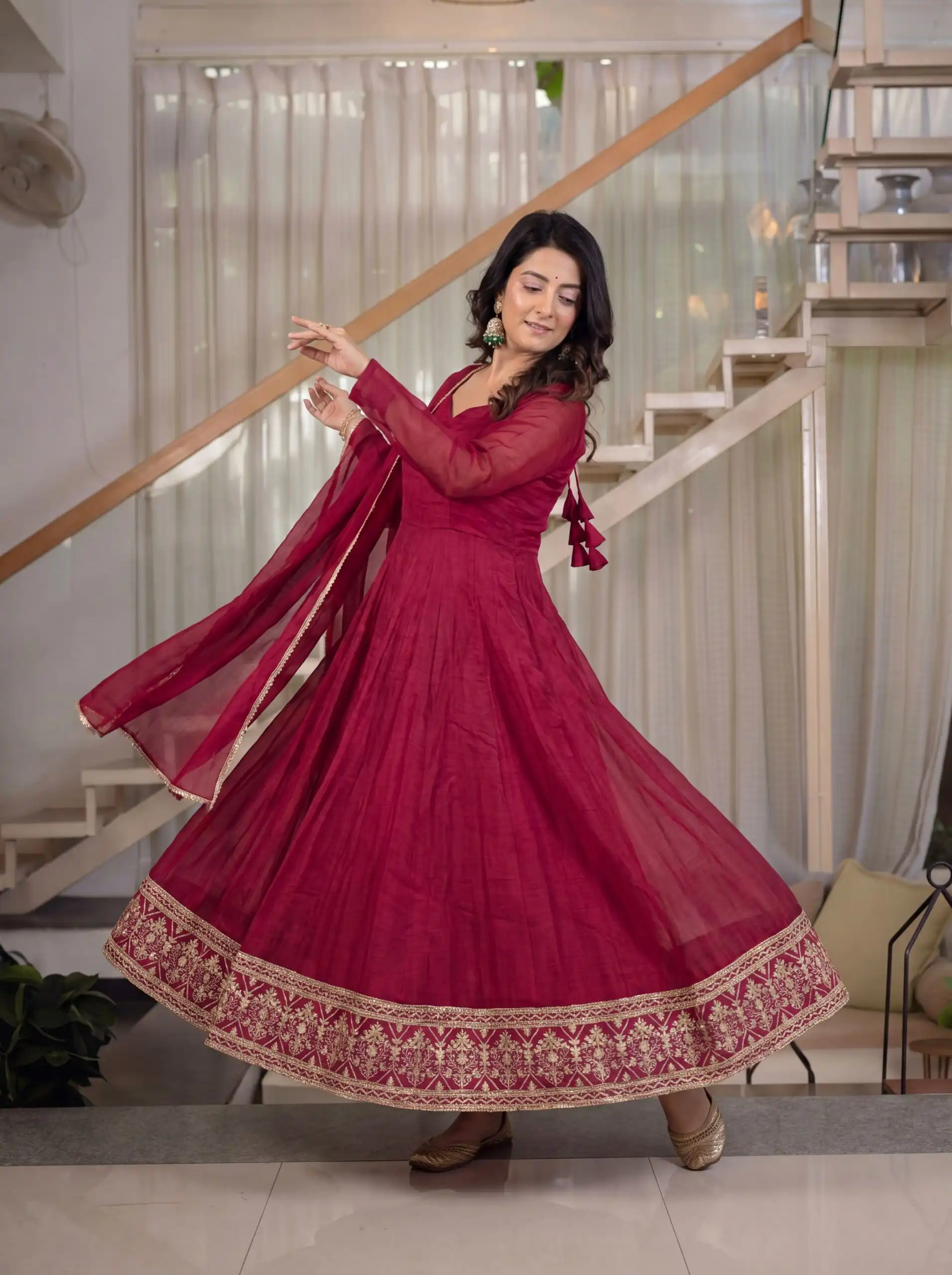 Fancy Red Crunchy Silk Embroider Work Anarkali Suit