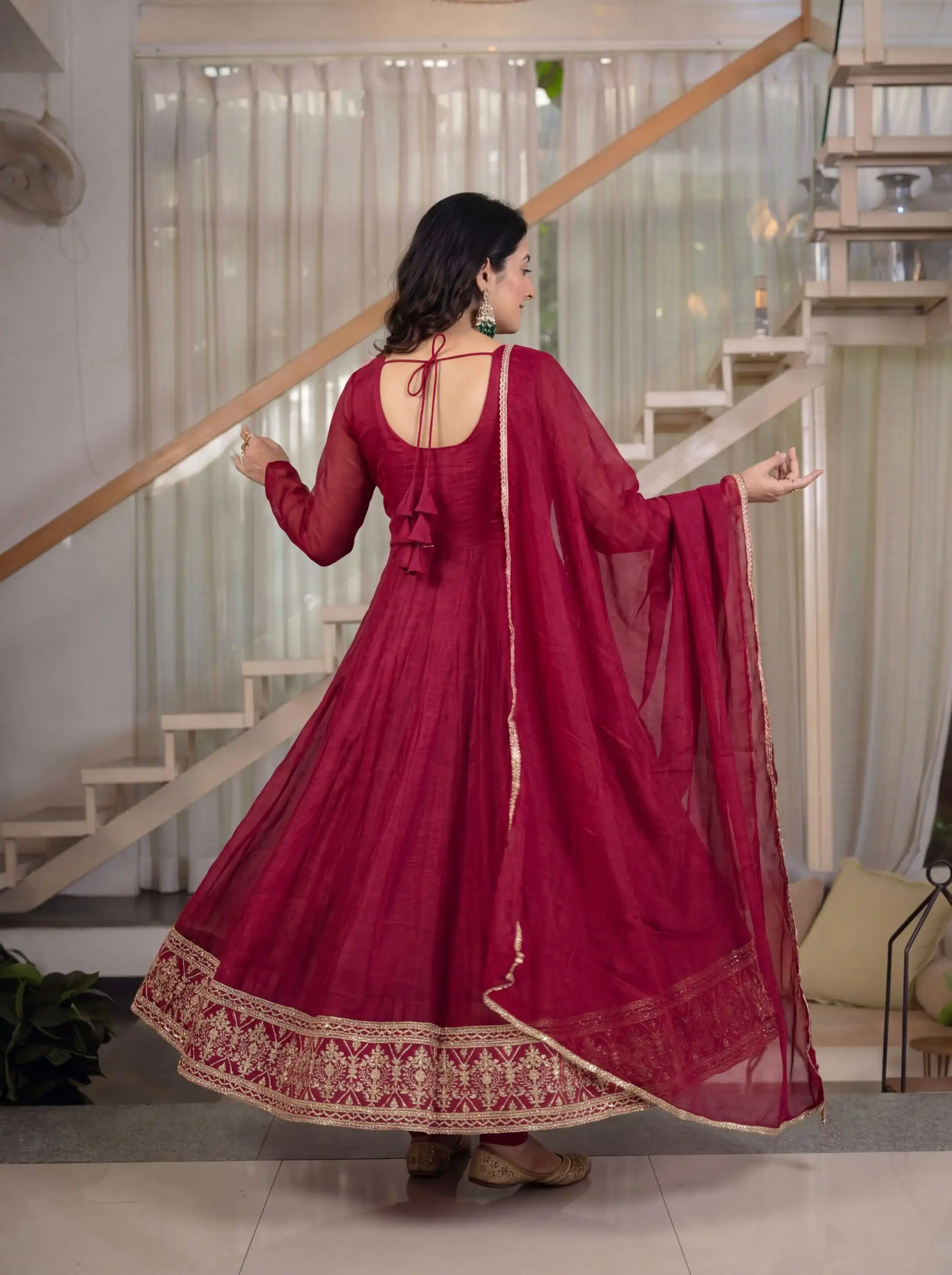 Fancy Red Crunchy Silk Embroider Work Anarkali Suit - Image 4