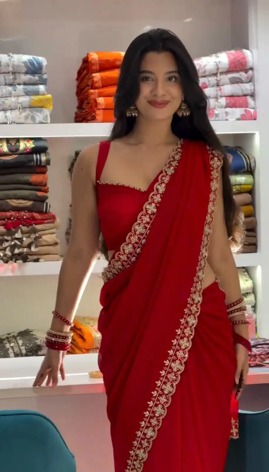 Fancy Red Faux Georgette Thread Work Saree - Image 2