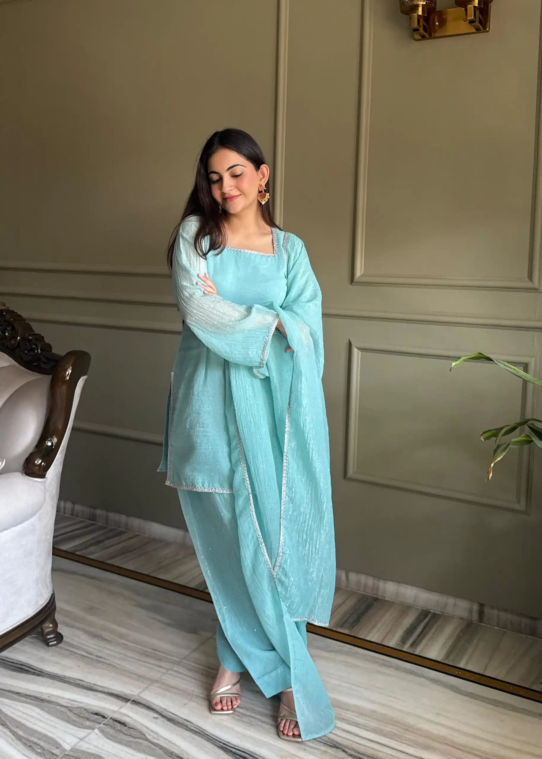 Fancy Sky Blue Crunchy Silk Siroski Work Salwar Suit - Image 3