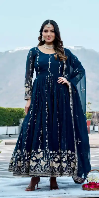 Fancy Teal Faux Georgette Embroider Work Gown