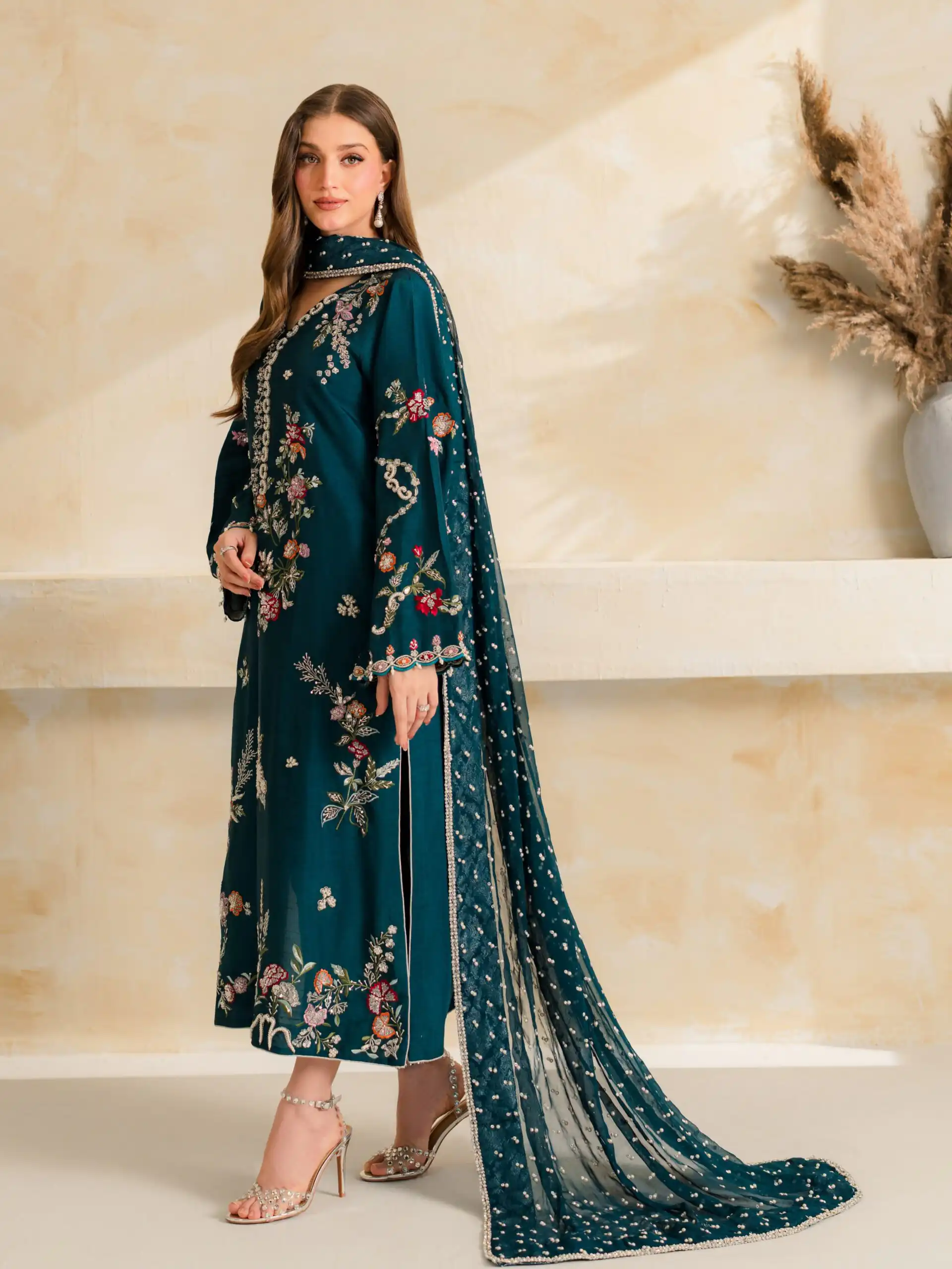 Fancy Teal Mul Chanderi Diamond Work Salwar Suit - Image 6