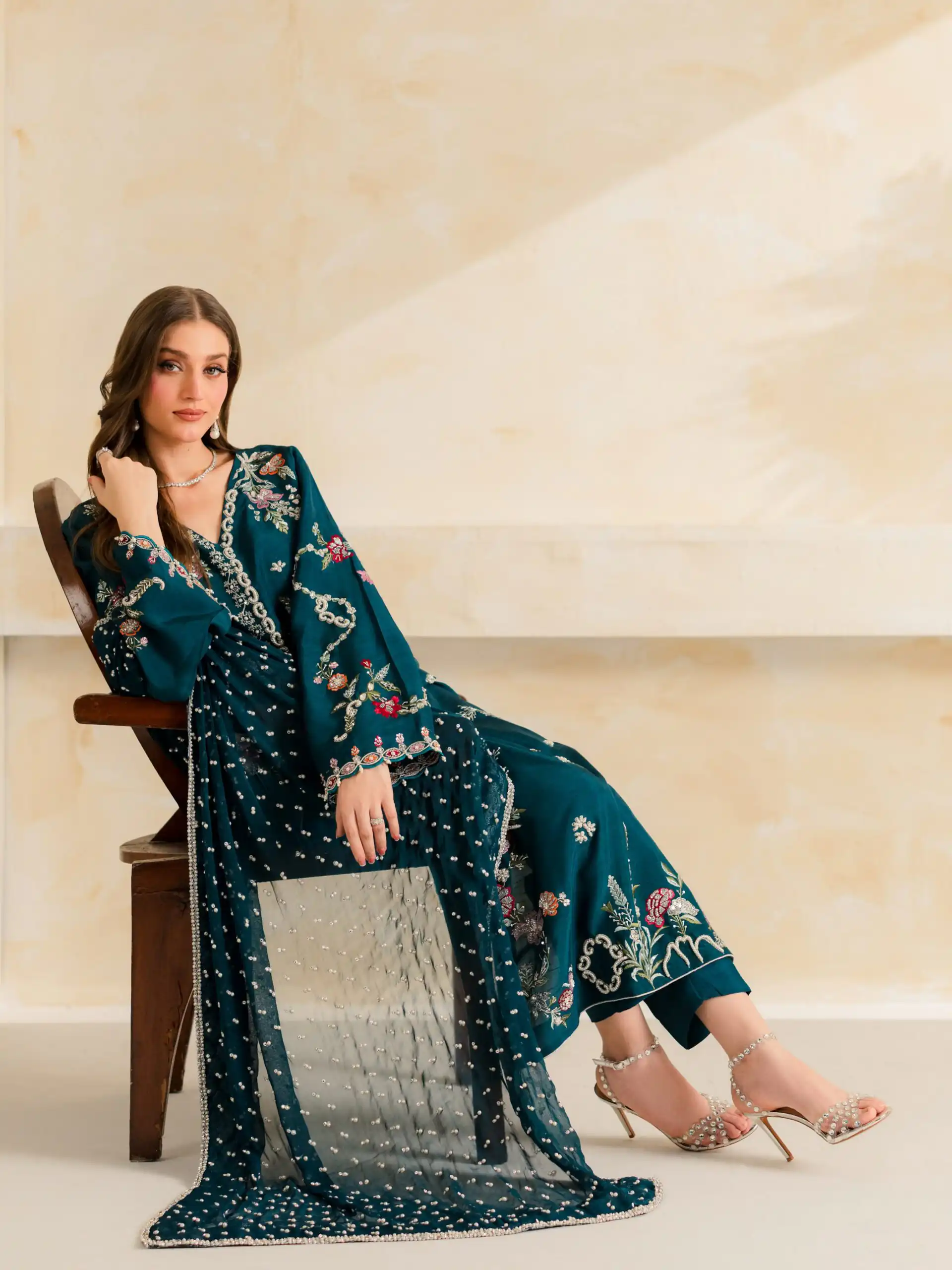 Fancy Teal Mul Chanderi Diamond Work Salwar Suit - Image 4