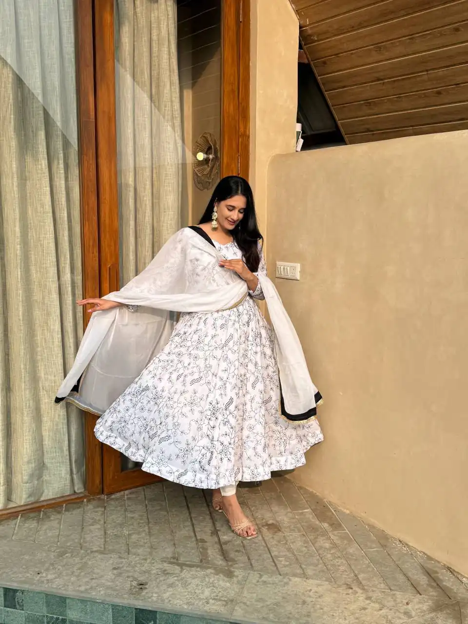 Fancy White NC Vichitra Embroidery Work Anarkali Suit - Image 5
