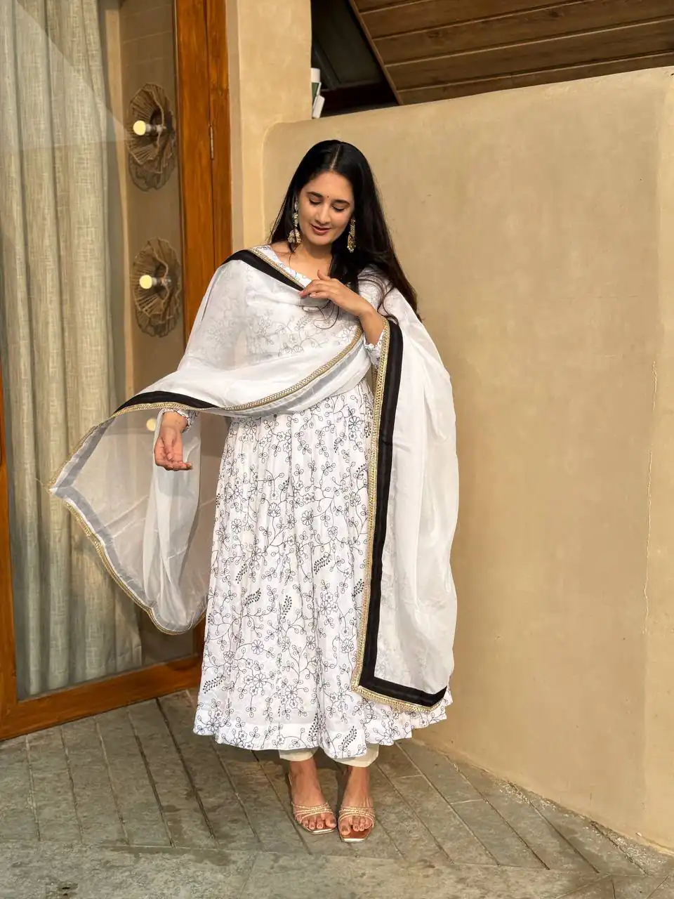 Fancy White NC Vichitra Embroidery Work Anarkali Suit - Image 4