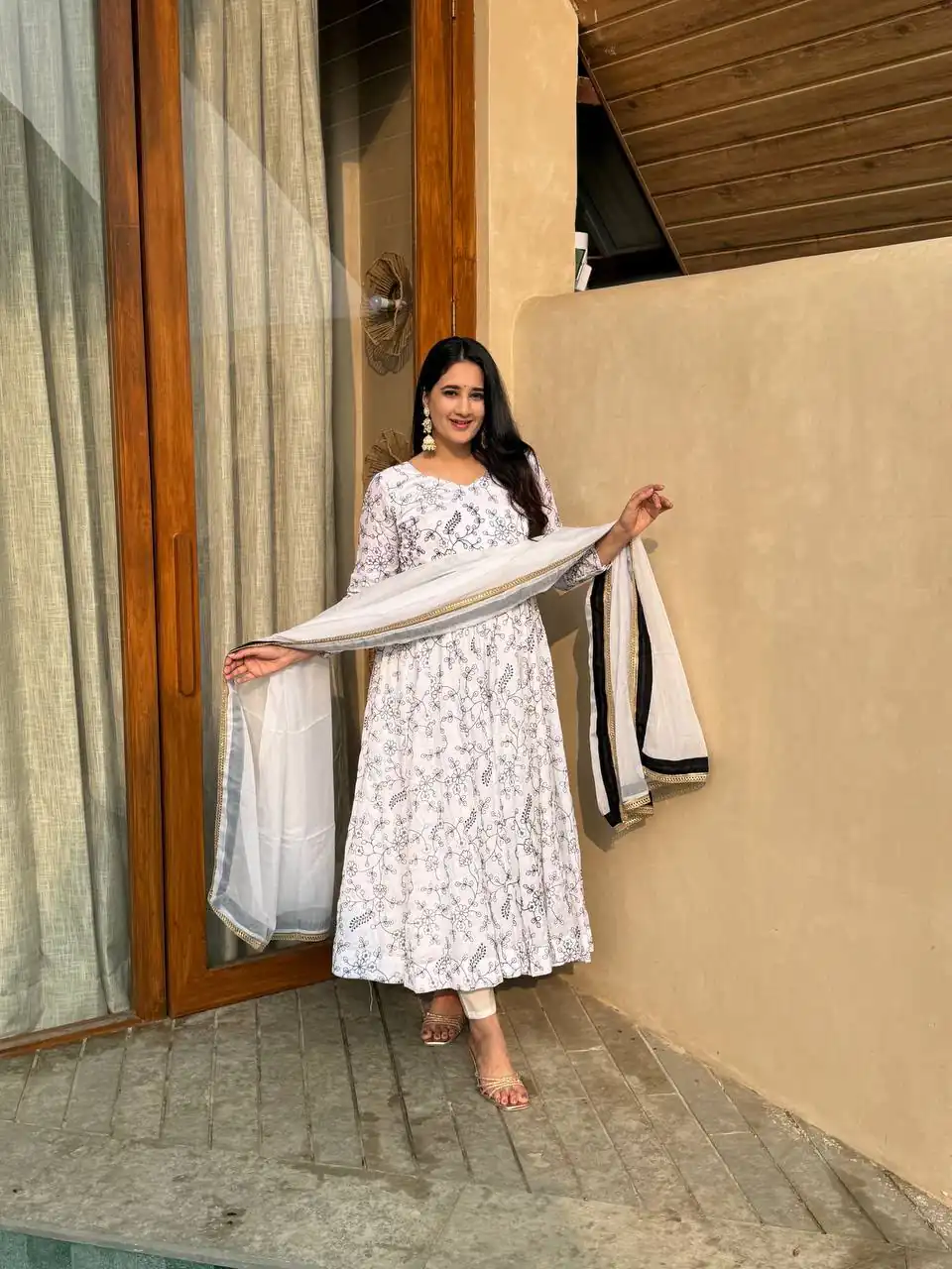 Fancy White NC Vichitra Embroidery Work Anarkali Suit - Image 3