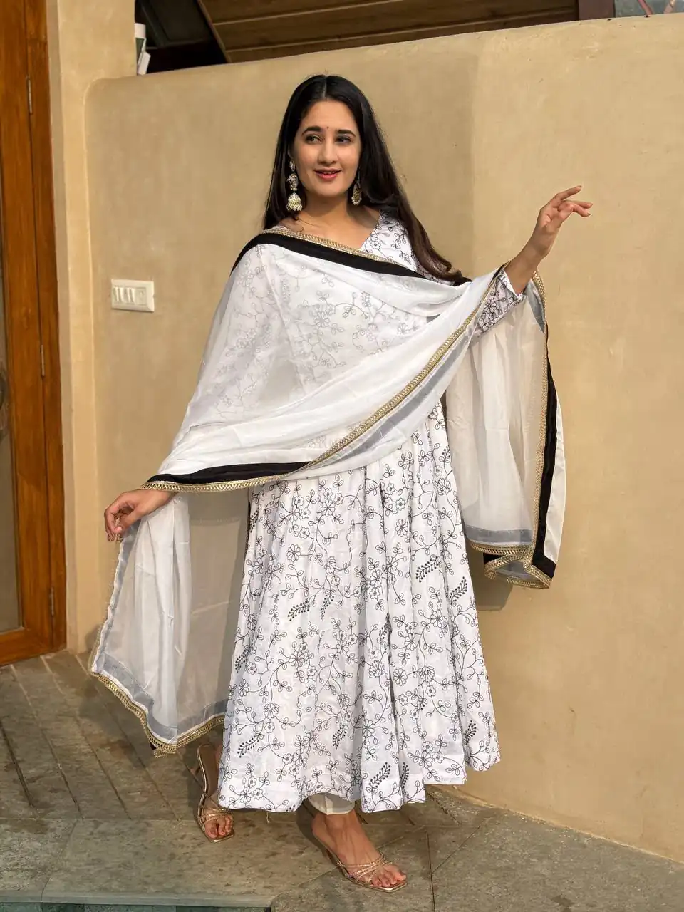 Fancy White NC Vichitra Embroidery Work Anarkali Suit