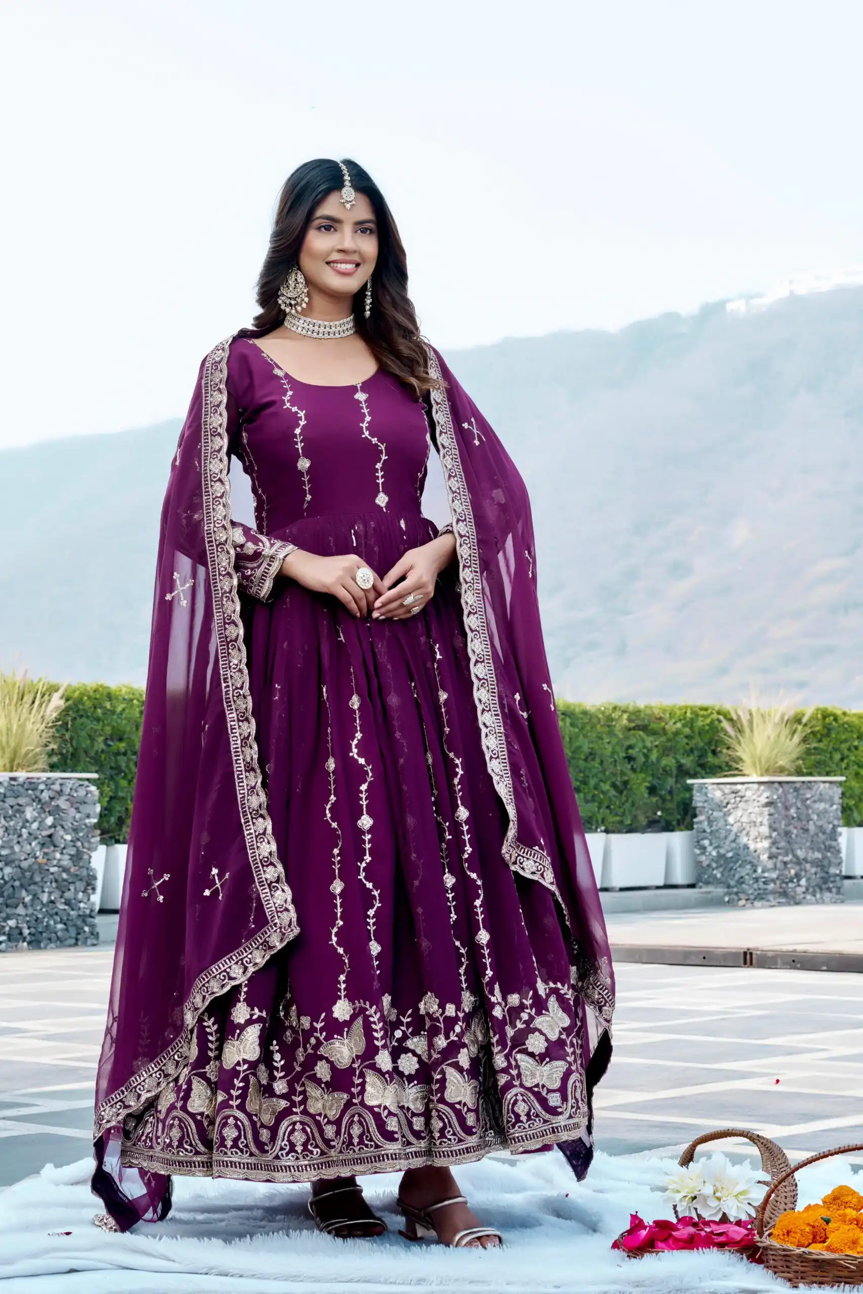 Fancy Wine Faux Georgette Embroider Work Gown - Image 3