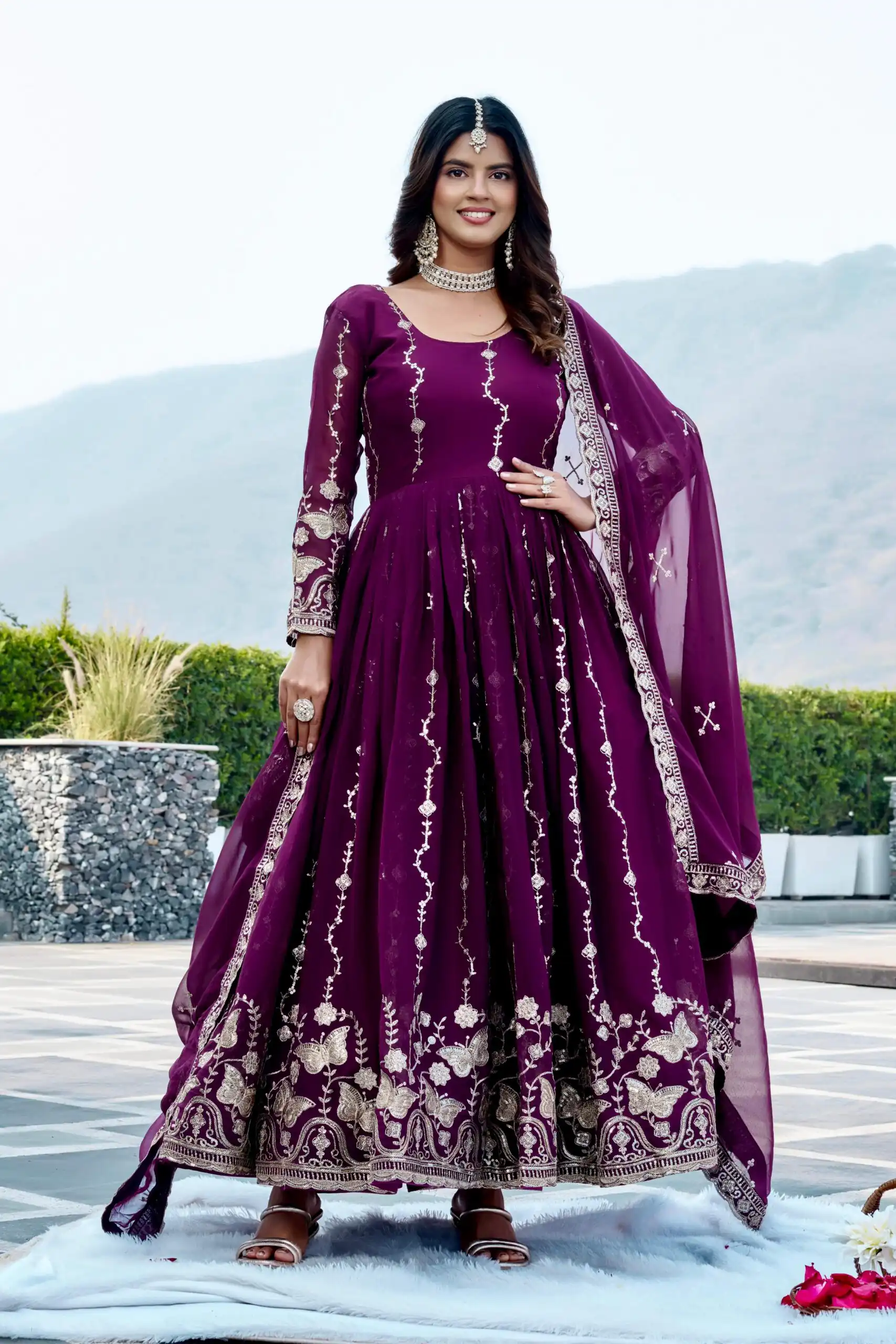 Fancy Wine Faux Georgette Embroider Work Gown - Image 2
