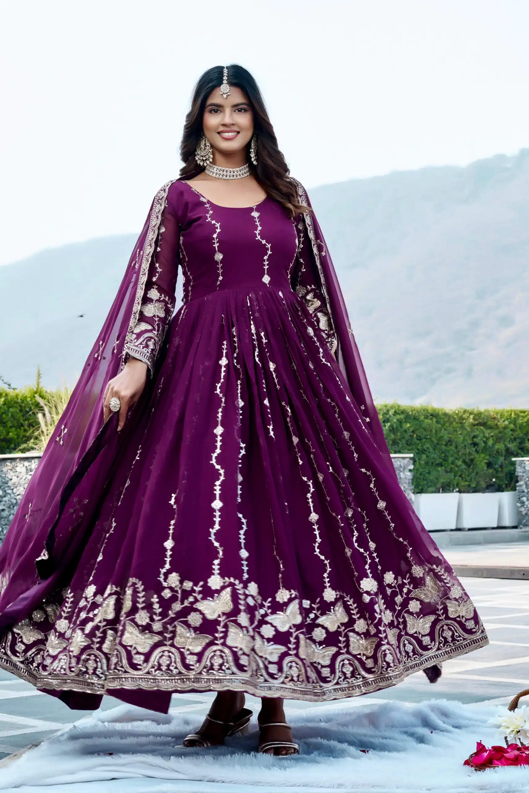 Fancy Wine Faux Georgette Embroider Work Gown