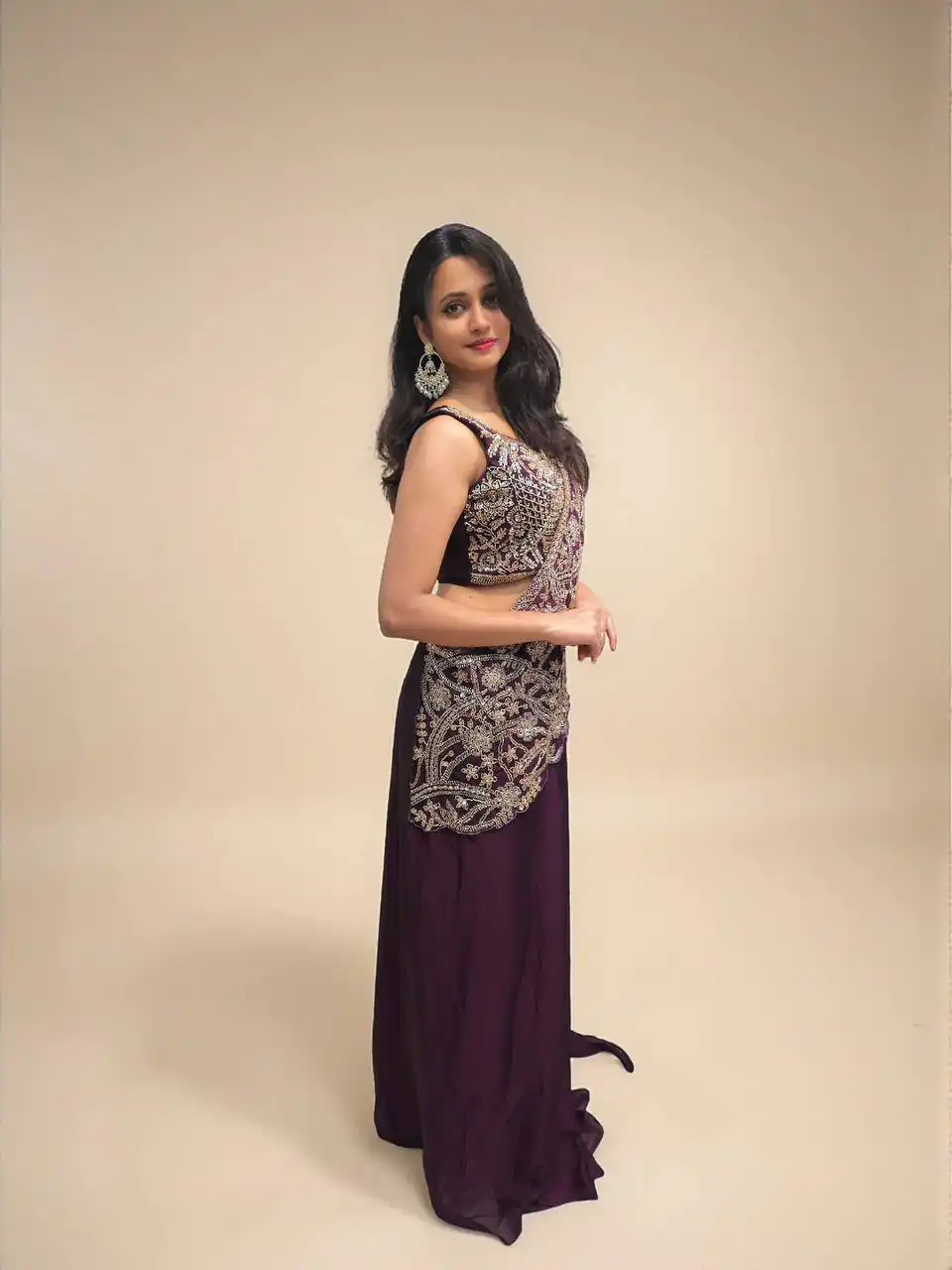 Fancy Wine Rangoli Silk Thread Work Saree - Image 2