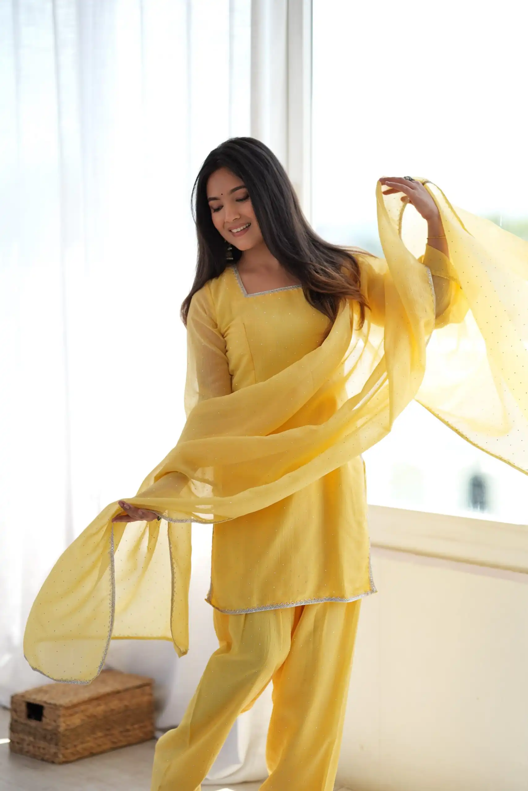 Fancy Yellow Crunchy Silk Siroski Work Salwar Suit - Image 6