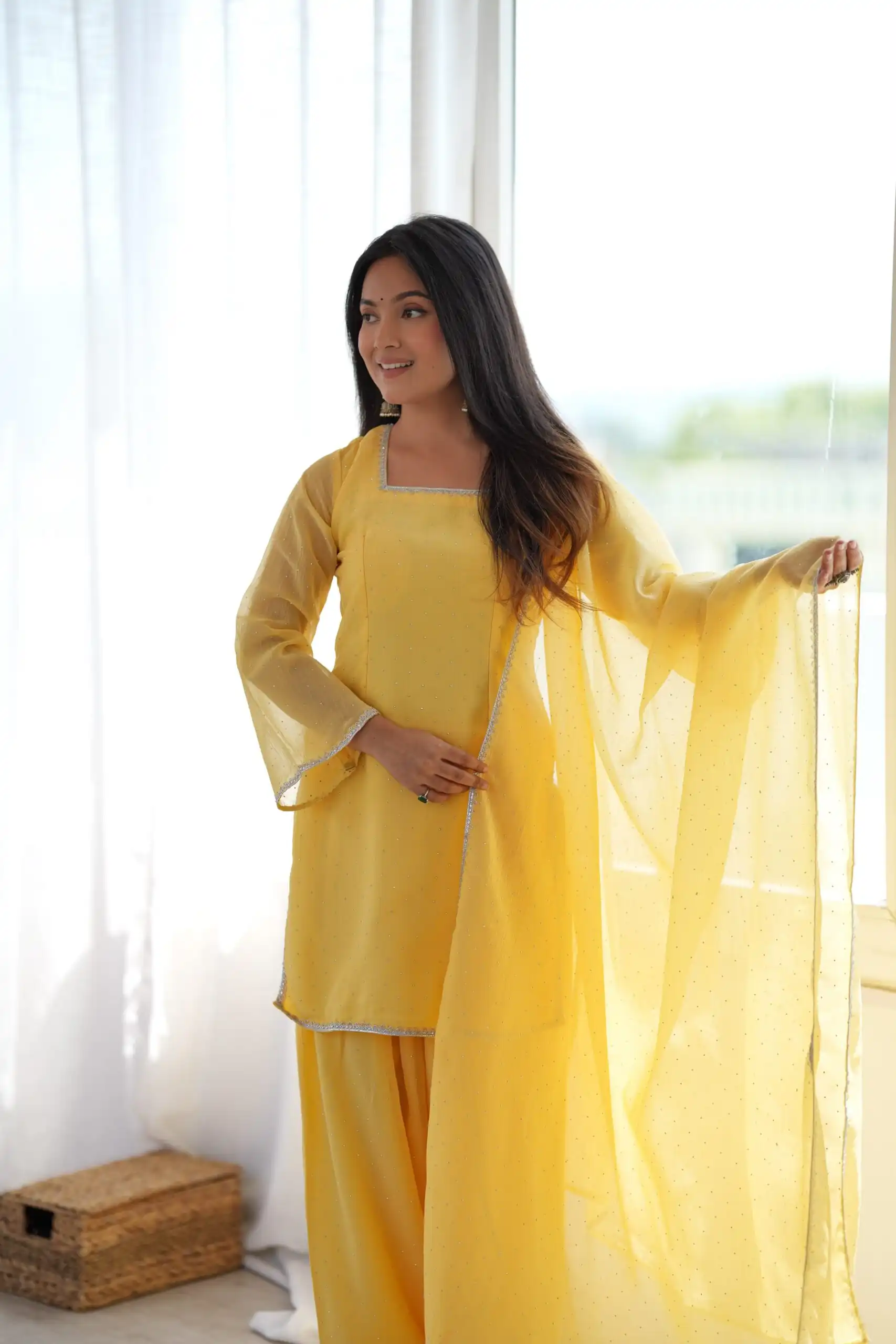 Fancy Yellow Crunchy Silk Siroski Work Salwar Suit - Image 5