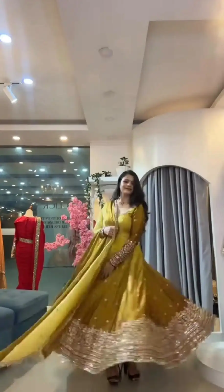 Fancy Yellow Faux Georgette Embroider Work Gown - Image 4