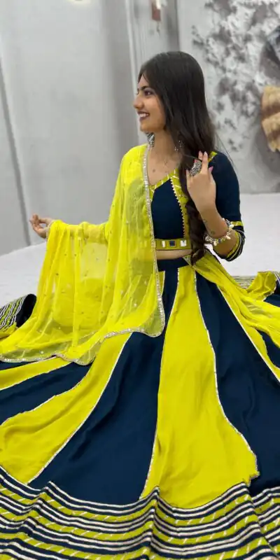 Fancy Yellow Pure Cotton Hand Work Lehenga Choli