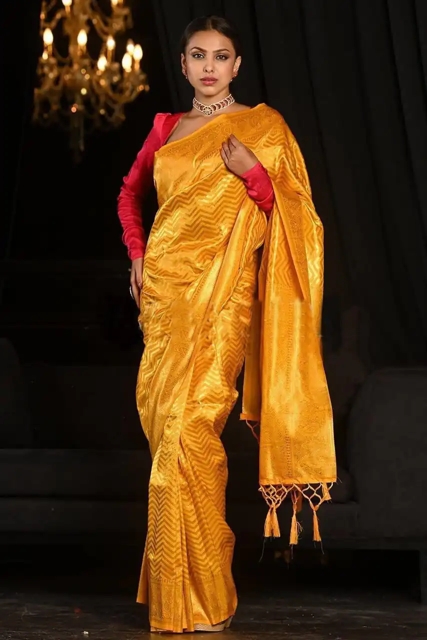 Fancy Yellow Soft Lichi Silk With Jacquard Saree - Image 2