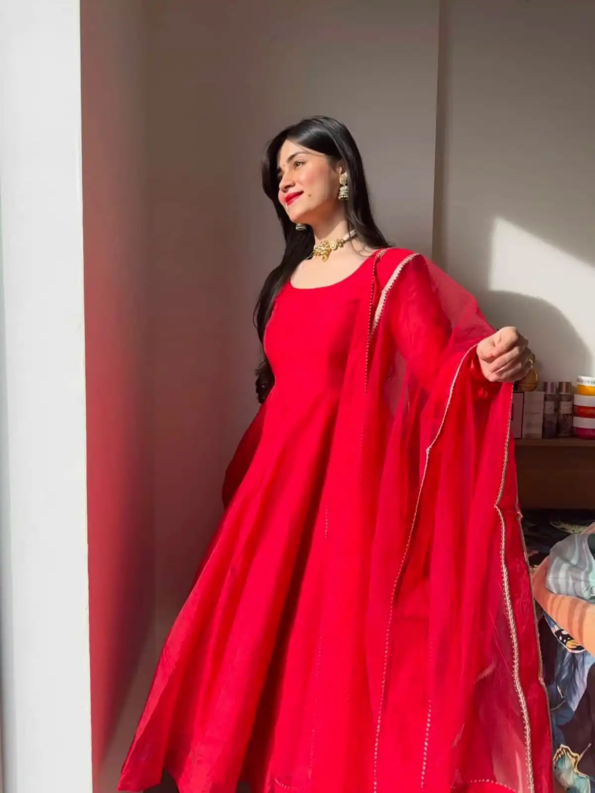 Fantastic Red Tabby Silk Lace Work Anarkali Suit - Image 6