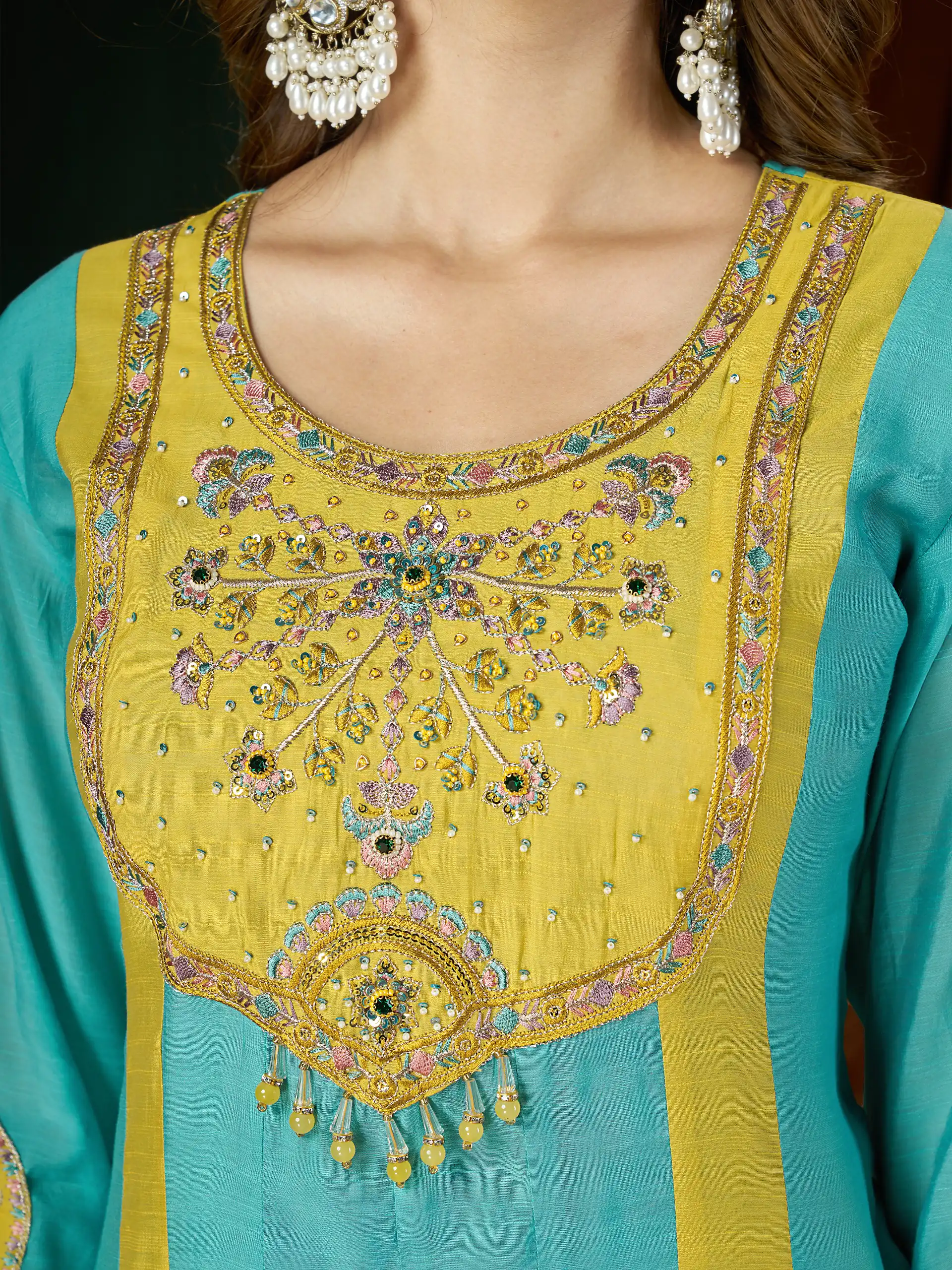 Glowing Blue Mal Chanderi Hand Work Salwar Suit - Image 3