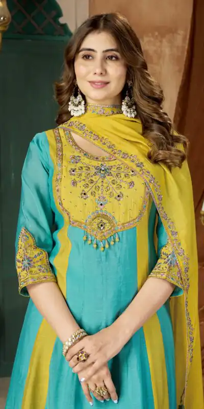 Alternative view of Glowing Blue Mal Chanderi Hand Work Salwar Suit