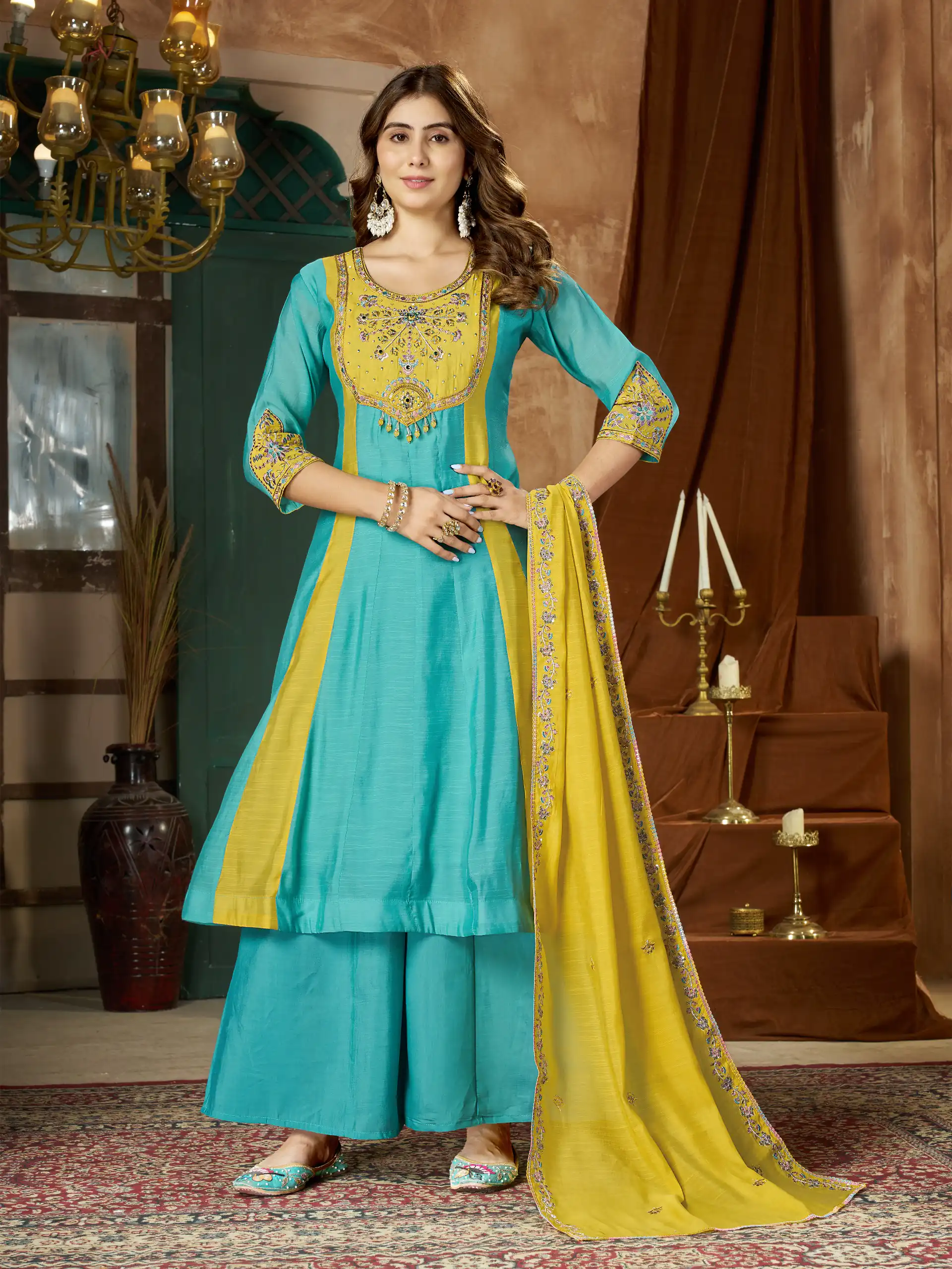 Glowing Blue Mal Chanderi Hand Work Salwar Suit