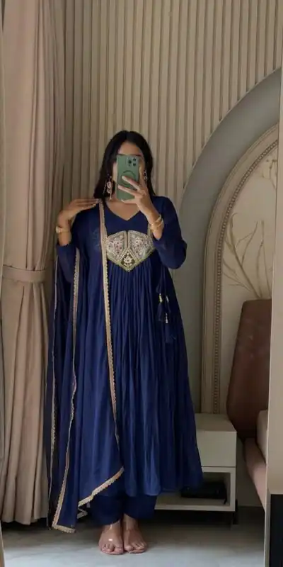 Alternative view of Glowing Blue Mal Chanderi Sequins Work Salwar Suit
