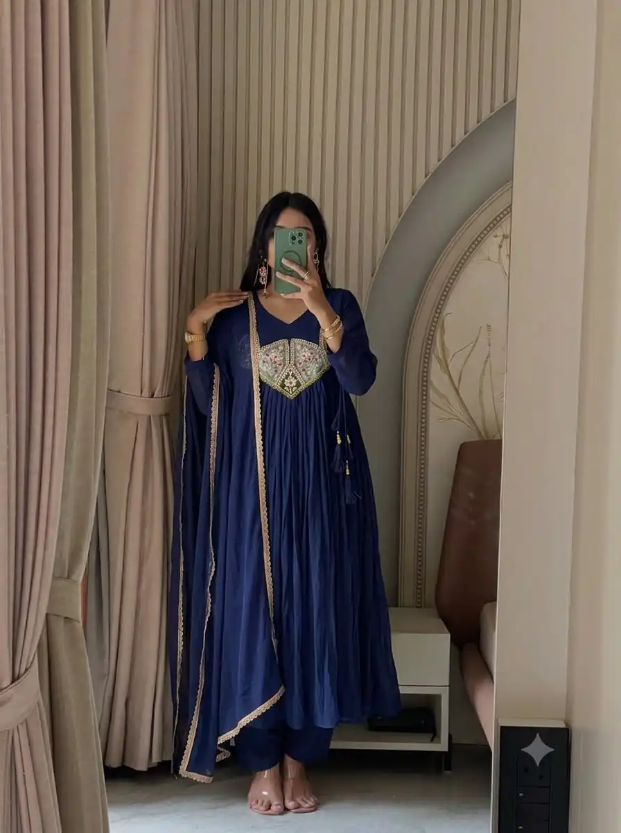 Glowing Blue Mal Chanderi Sequins Work Salwar Suit - Image 2