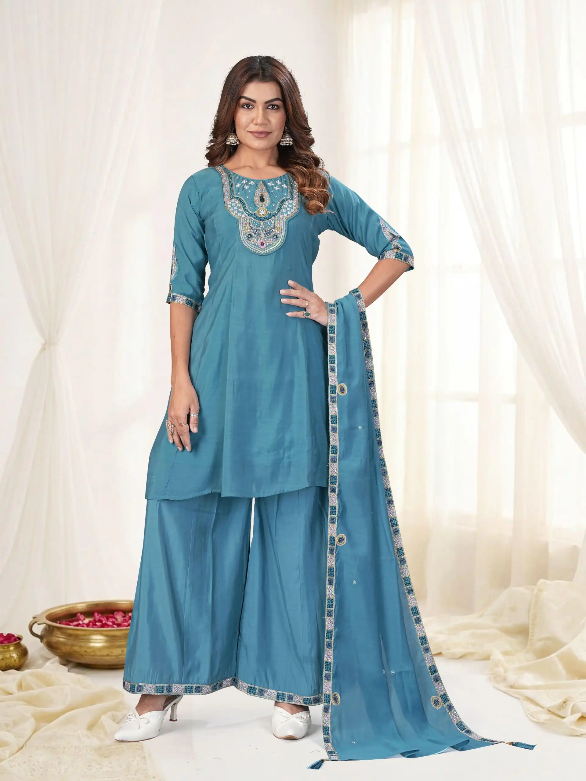 Glowing Blue Mal Chanderi Thread Work Salwar Suit