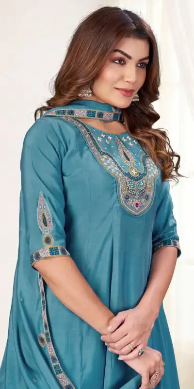 Alternative view of Glowing Blue Mal Chanderi Thread Work Salwar Suit