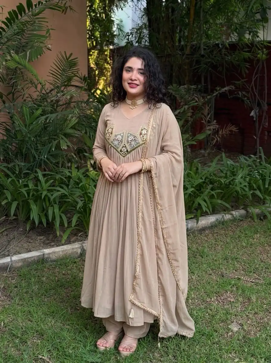 Glowing Cream Mal Chanderi Sequins Work Salwar Suit - Image 2