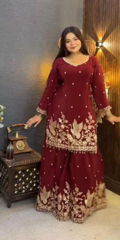 Glowing Maroon Chinon Embroidery Work Salwar Suit