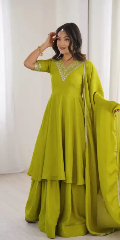 Glowing Mehendi Chinon Silk Sequin Work Salwar Suit