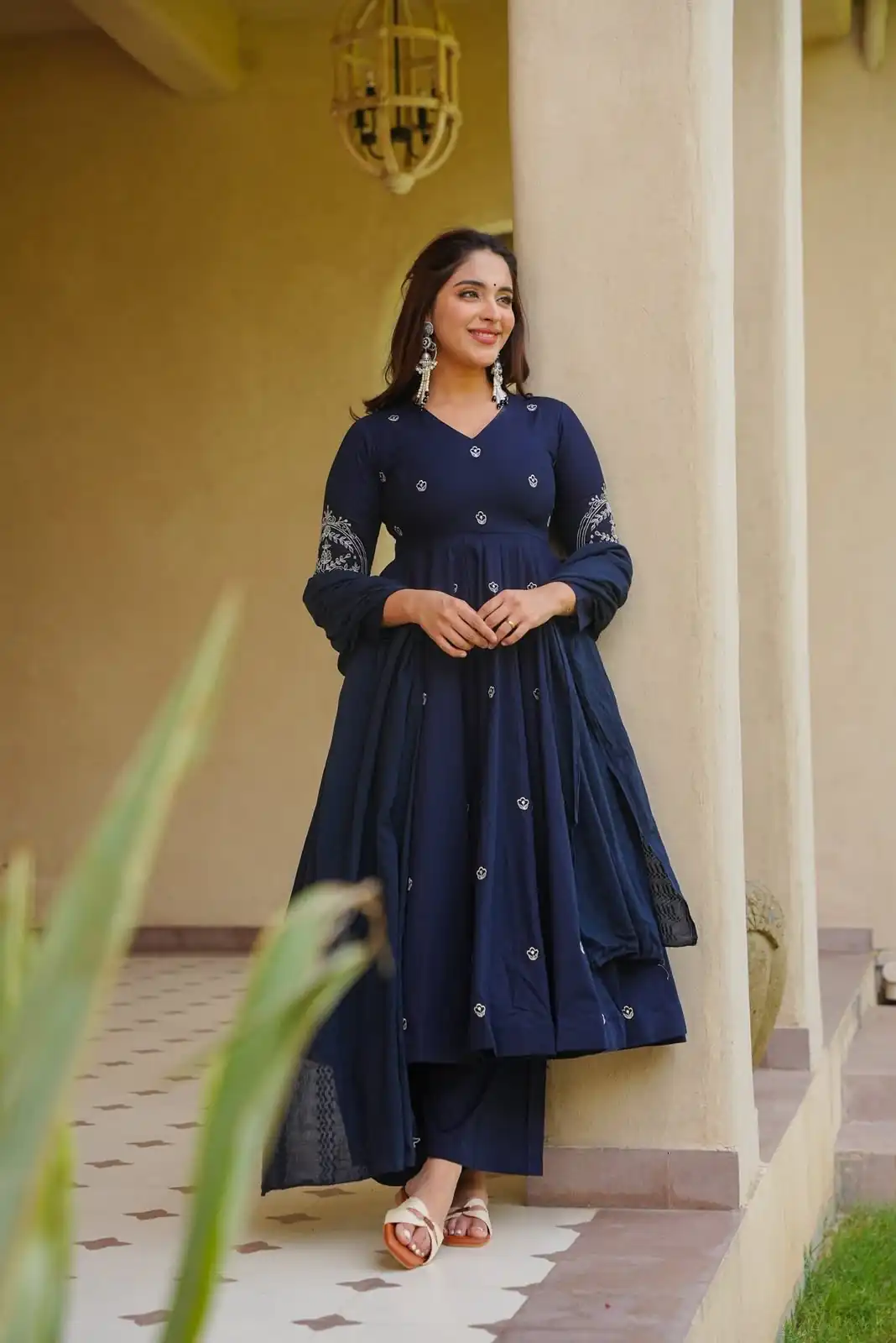 Glowing Navy Blue Roman Silk Embroidery Work Anarkali Suit - Image 4