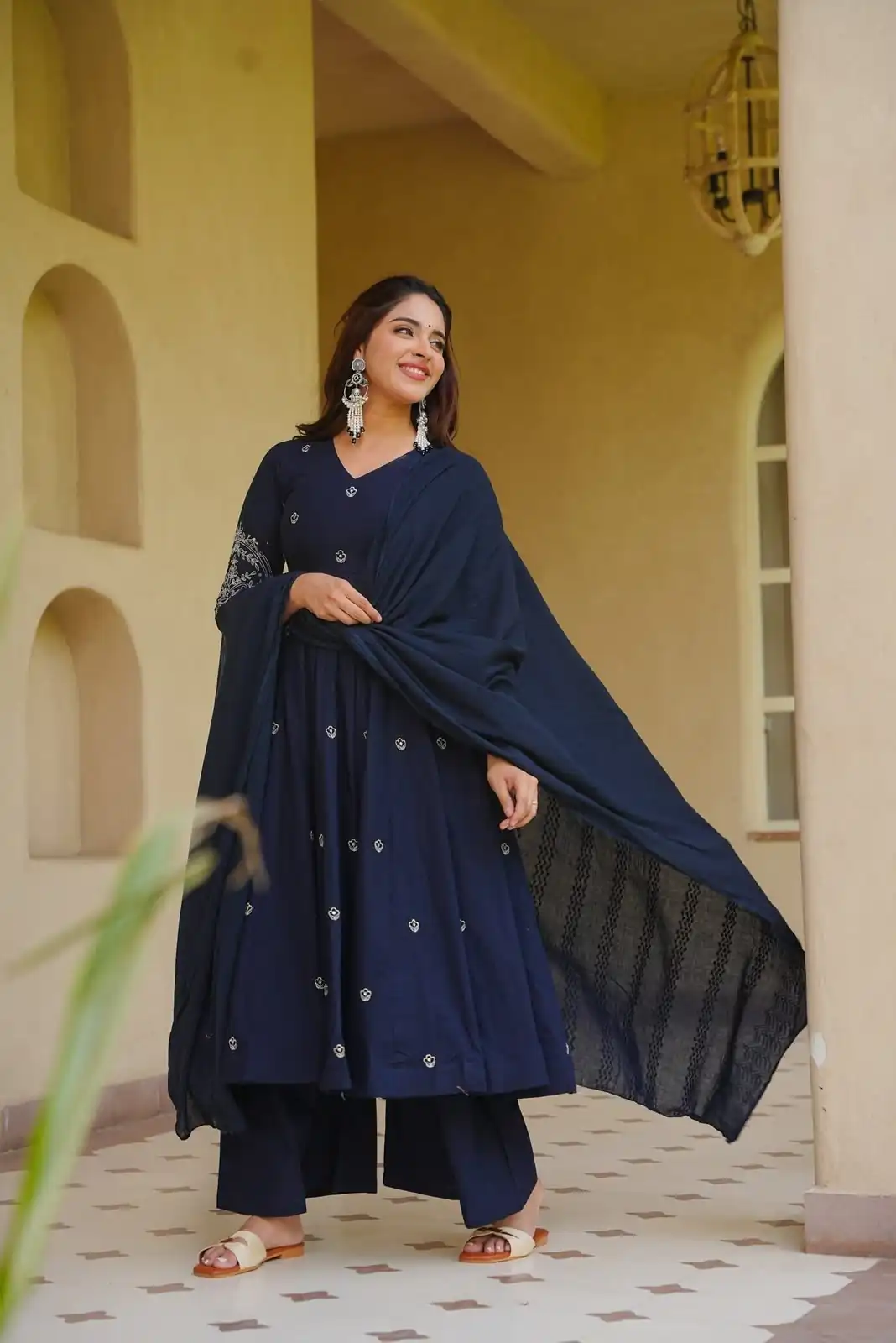 Glowing Navy Blue Roman Silk Embroidery Work Anarkali Suit - Image 3