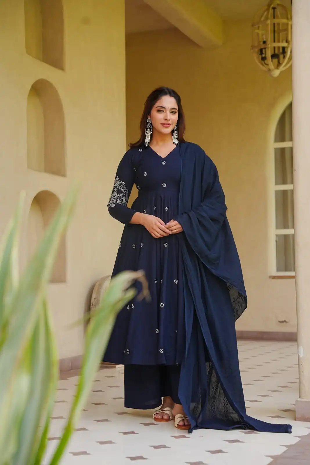 Glowing Navy Blue Roman Silk Embroidery Work Anarkali Suit - Image 2