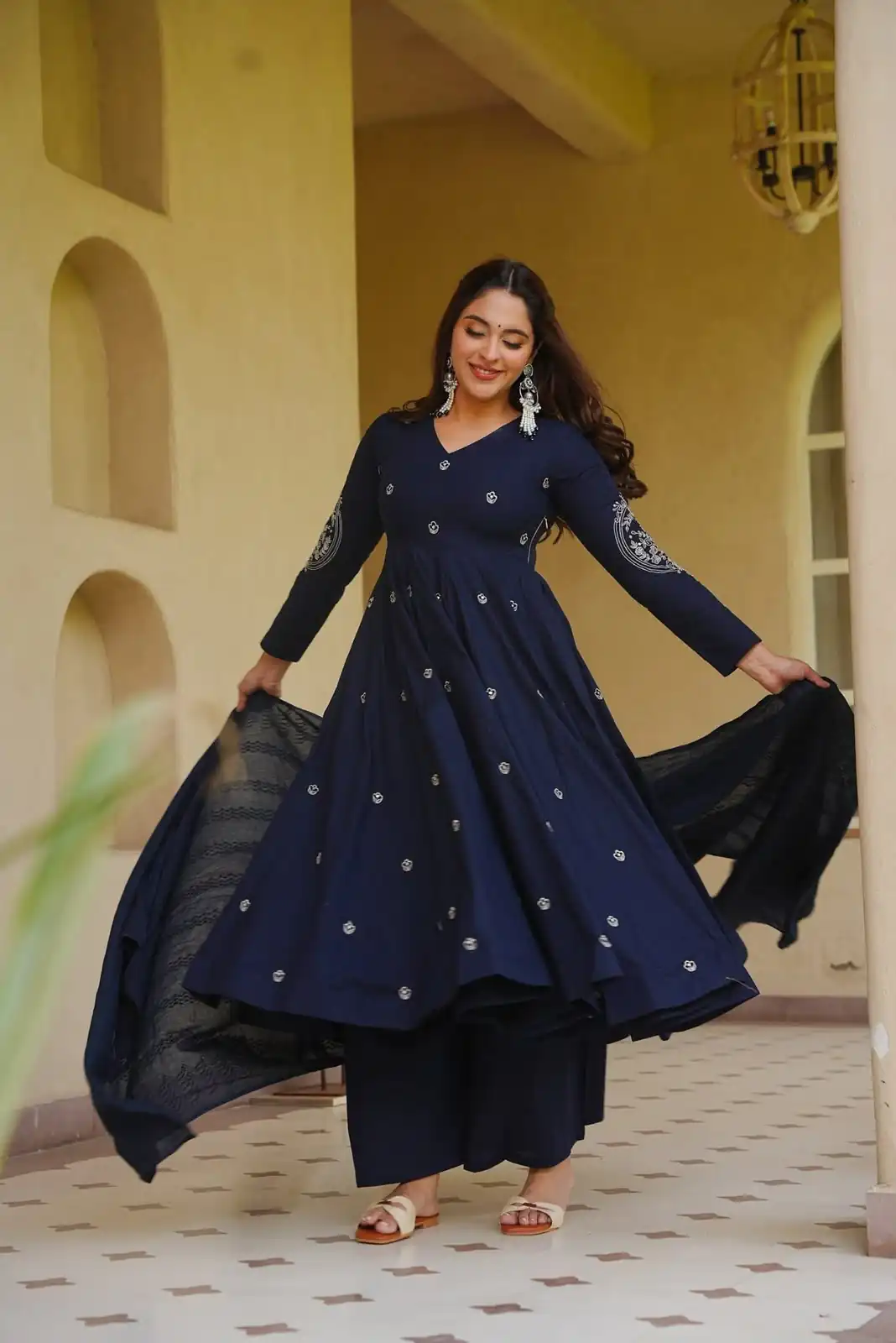 Glowing Navy Blue Roman Silk Embroidery Work Anarkali Suit