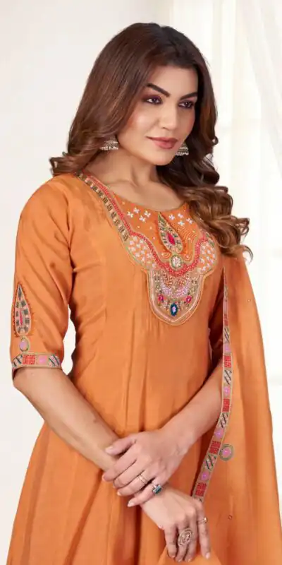 Alternative view of Glowing Orange Mal Chanderi Thread Work Salwar Suit