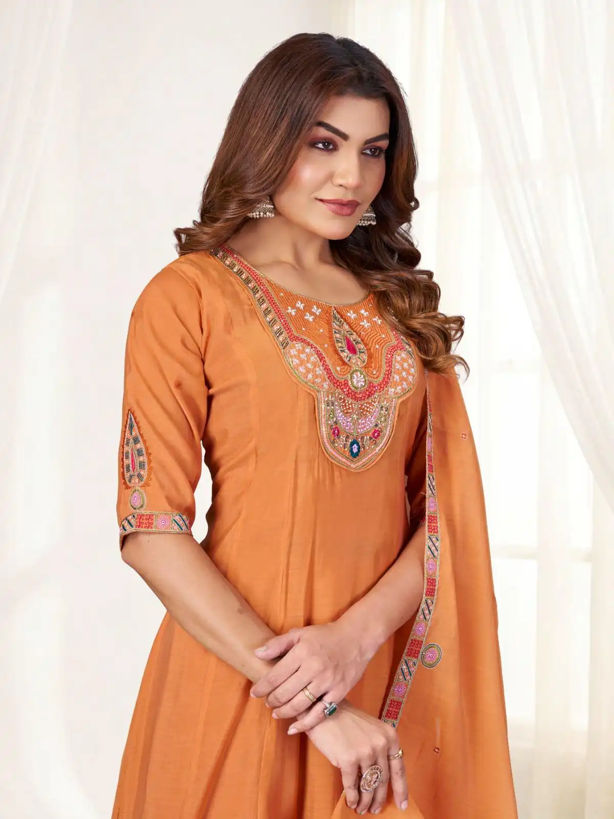 Glowing Orange Mal Chanderi Thread Work Salwar Suit - Image 2
