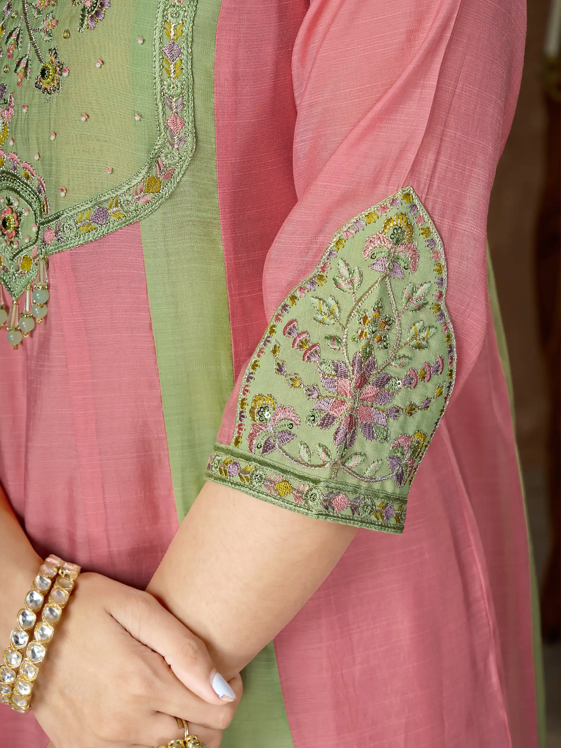 Glowing Peach Mal Chanderi Hand Work Salwar Suit - Image 4